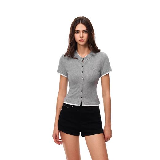 FDR官方店 老钱辣妹假两件纽扣开衫短袖T恤女夏季修身显瘦体恤 商品图3