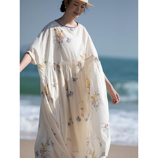 艺术家联名款 牧衣游原创印花进口匹马棉连衣裙国画文艺长裙 疏花 商品图3