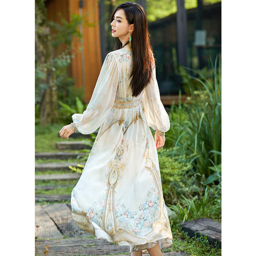 丁摩店主力荐轻奢高级桑蚕丝定位印花真丝长袖修身v领长款连衣裙ALF4527 商品图2