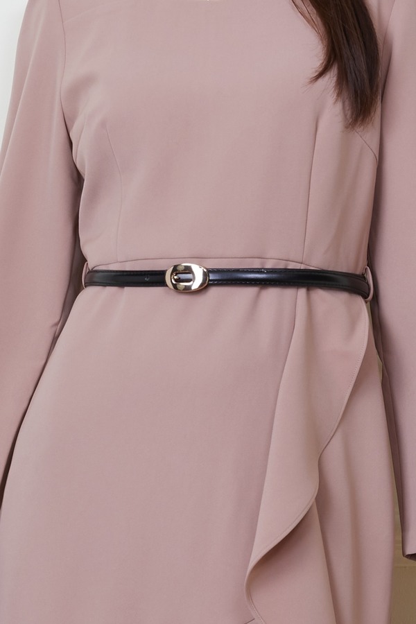 ESTACIA 黑色细款金属圆扣皮质腰带 19949