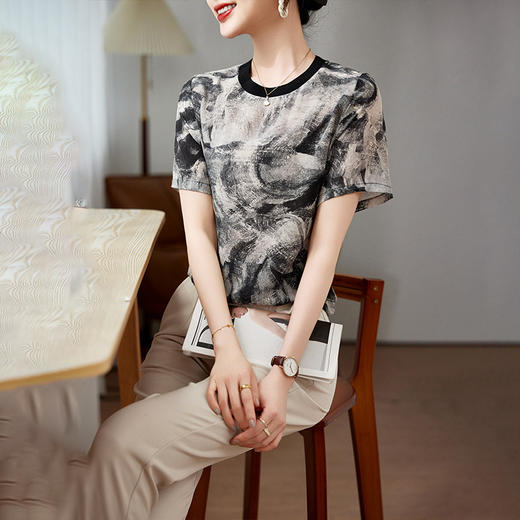 丁摩韩版水墨画印花真丝短袖T恤女士新款设计感显瘦桑蚕丝上衣AL11300 商品图2