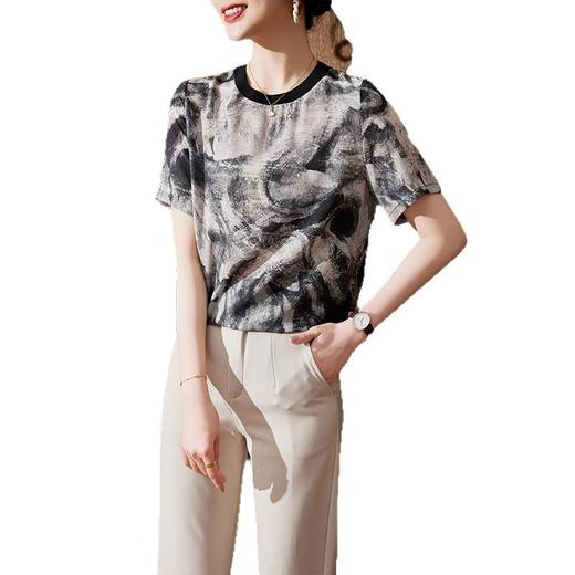 丁摩韩版水墨画印花真丝短袖T恤女士新款设计感显瘦桑蚕丝上衣AL11300 商品图4