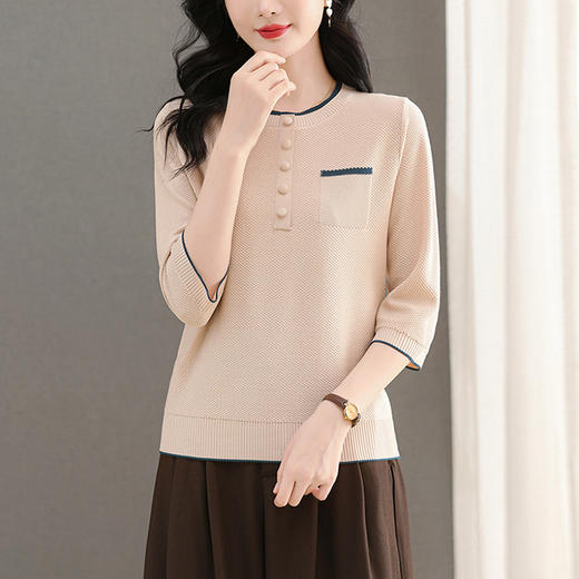 CC-103-87796春夏季薄款七分袖针织衫冰丝上衣女宽松遮肚子休闲t恤打底衫 商品图3