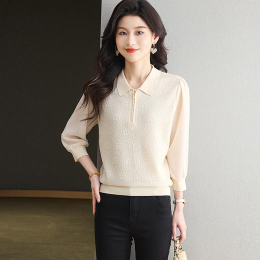 CC-ML-2589早春拼接七分蝙蝠袖t恤女2025春季新款娃娃领薄款针织衫宽松上衣 商品图2