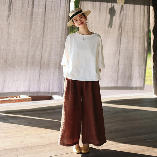 * 绽放旅行女装130朵/全棉花纱肌理叠穿简约一字领开衩透气中袖T恤 商品图2