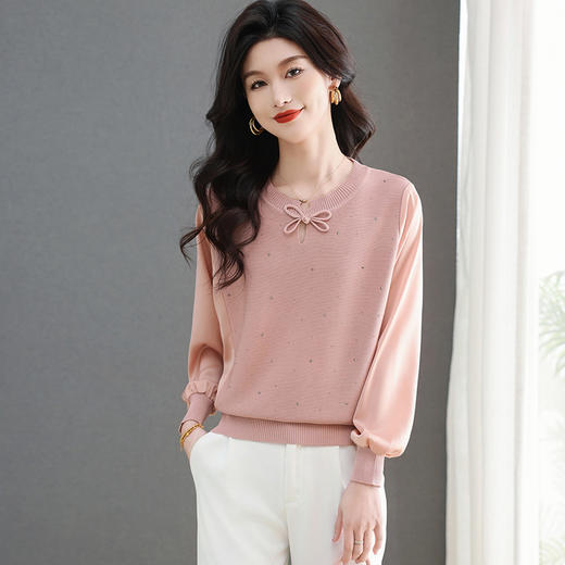 CC-5-6357洋气圆领镶钻长袖针织衫女士2025新款春秋宽松拼接遮肚雪纺上衣服 商品图0