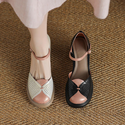 【预售5天】舒适柔软拼色厚底高跟凉鞋，包头镂空粗跟休闲一字扣罗马鞋ASZ&5-698 商品图4
