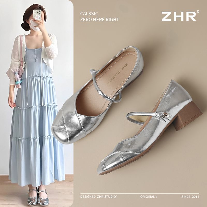 ZHR浅口单鞋女2025新款法式玛丽珍鞋耐磨通勤一字扣方头单鞋粗跟