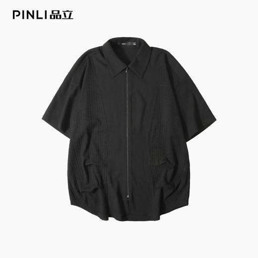 PINLI品立夏季新款设计感拼接短袖衬衫潮牌拉链宽松翻领上衣B252113039 商品图3