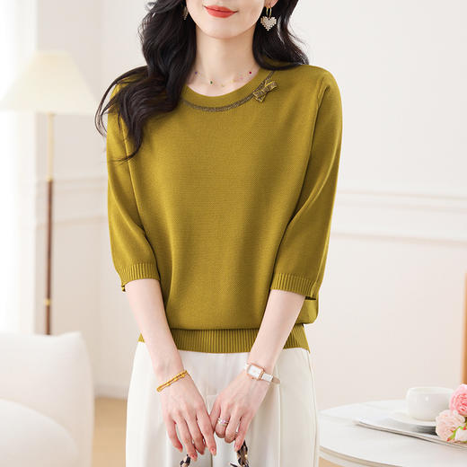 CC-17-2555圆领五分袖冰丝针织t恤女2025新款春夏薄款小衫妈妈中袖打底上衣 商品图2