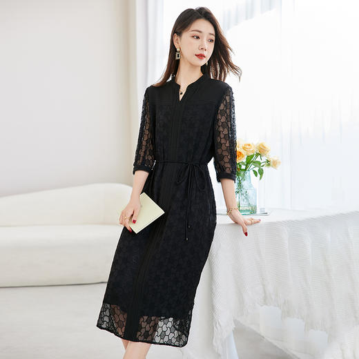 QS-82599578非遗100桑蚕丝绣花连衣裙女夏季7分袖显瘦气质中长裙9578 商品图2