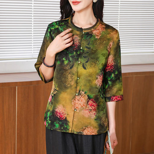 丁摩国风复古刺绣印花罗香云纱衬衫AL221816 商品图0