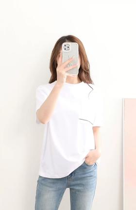 2025新款BC两色口袋钉珠纯色短袖女式夏季简约休闲全棉T恤上衣！