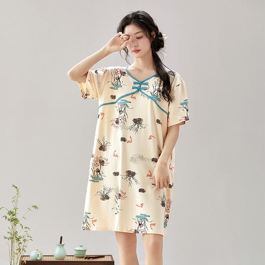中式国风睡裙新款女士古风短袖睡裙家居服中短款连衣裙文艺仿古薄款居家可外穿睡衣2025新款 商品图3