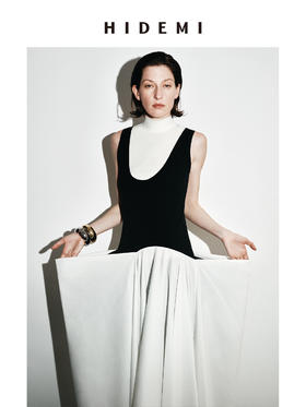 HIDEMI极简不对称立裁设计感花苞式黑白撞色背心连衣裙长裙