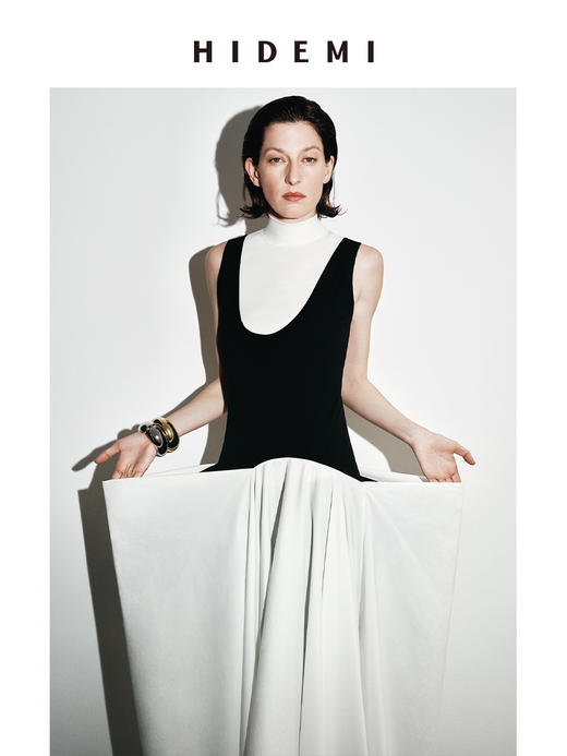 HIDEMI极简不对称立裁设计感花苞式黑白撞色背心连衣裙长裙 商品图0