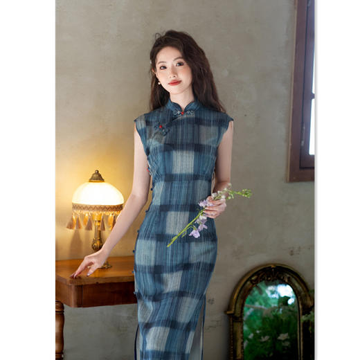 时尚改良新中式，仿麻蓝格文艺范旗袍GX-396093 商品图3