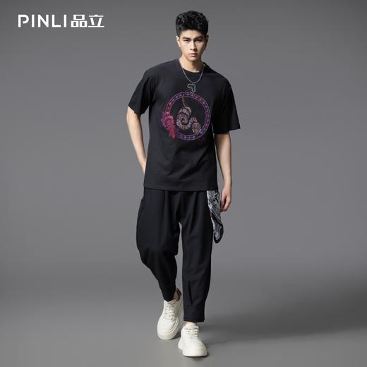 PINLI品立2025夏季新款男士圆领植物烫钻短袖T恤上衣BG252111032 商品图1