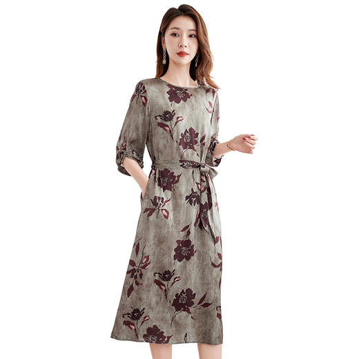 QS-82599190丝绣未央原创国风真丝缎面连衣裙圆领短袖印花桑蚕丝中长裙女9190 商品图4