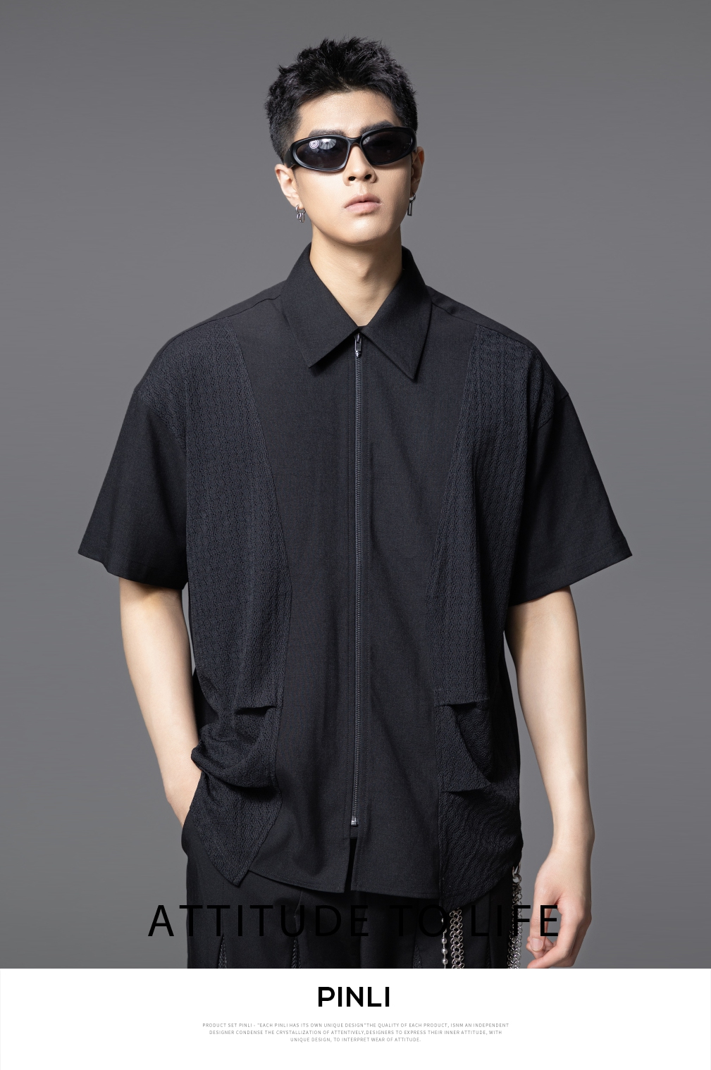 PINLI品立夏季新款设计感拼接短袖衬衫潮牌拉链宽松翻领上衣B252113039