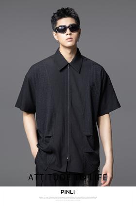 PINLI品立夏季新款设计感拼接短袖衬衫潮牌拉链宽松翻领上衣B252113039