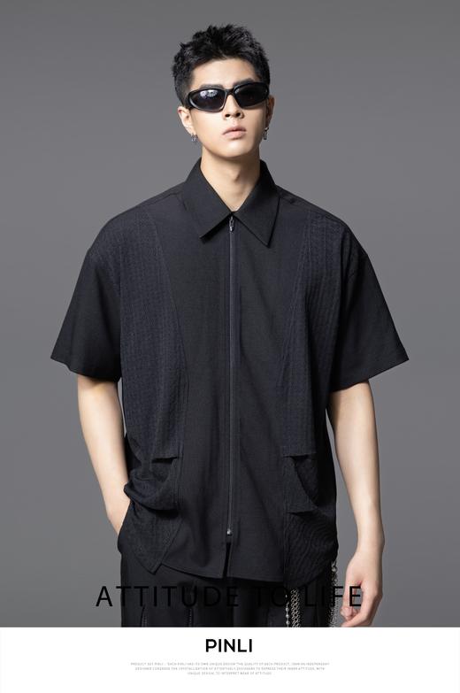 PINLI品立夏季新款设计感拼接短袖衬衫潮牌拉链宽松翻领上衣B252113039 商品图0