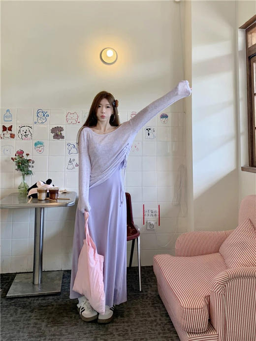 【GZ】无忧购纯欲斜肩抽绳显瘦防晒衫+温柔显瘦百搭收腰a字连衣裙套装3370-5（截单后7天发货) 商品图5