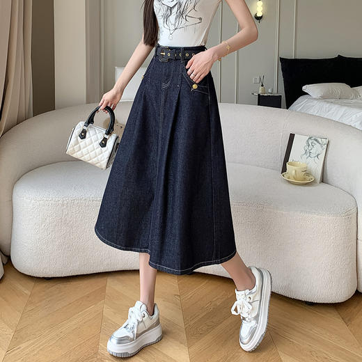 雀说实拍腰带收腰A字裙复古高腰设计感女显瘦牛仔半身裙AL 商品图2