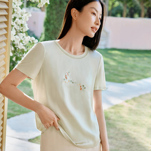 金三塔真丝小衫女100%桑蚕丝简约撞色小圆领宽松透气短袖休闲T恤  YZFFB703 商品图2