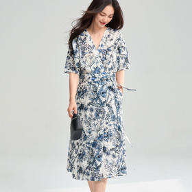 25夏季诗意水墨青花瓷蓝色印花茶歇裙收腰一片式围裹连衣裙25089