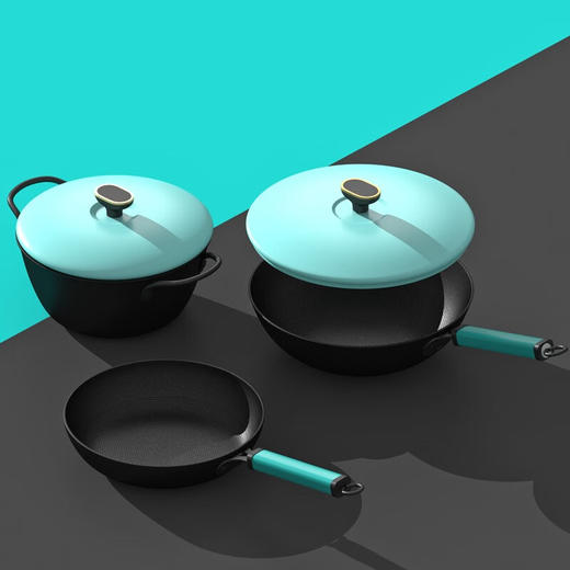 都市太太（DStt）都市太太铸铁食研三件套炒锅煎锅炖锅燃气灶电磁炉通用_天蓝色_炖煎炒套装 商品图4