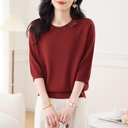 CC-17-2555圆领五分袖冰丝针织t恤女2025新款春夏薄款小衫妈妈中袖打底上衣 商品图3