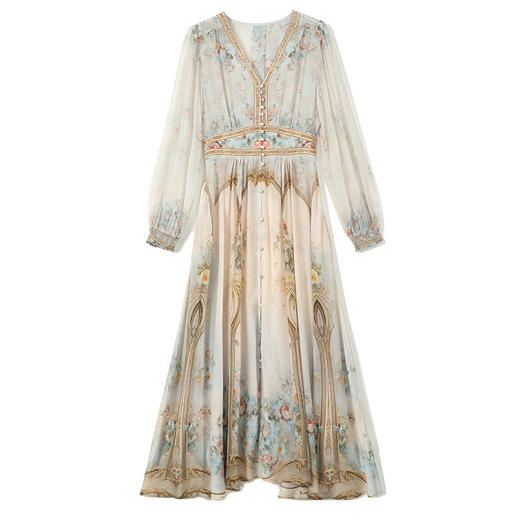 丁摩店主力荐轻奢高级桑蚕丝定位印花真丝长袖修身v领长款连衣裙ALF4527 商品图4