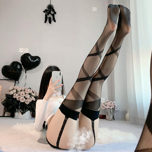 【一撕即爽】性感交叉花纹吊袜带丝袜 情趣一体袜长筒过膝 黑丝诱惑装可撕激情内衣女A85 商品图3