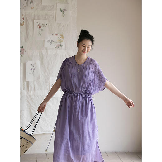 牧衣游原创 印花纯棉连衣裙新品轻薄抽绳设计感V领文艺长裙 清雨 商品图2