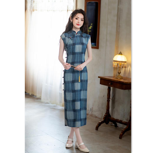 时尚改良新中式，仿麻蓝格文艺范旗袍GX-396093 商品图0