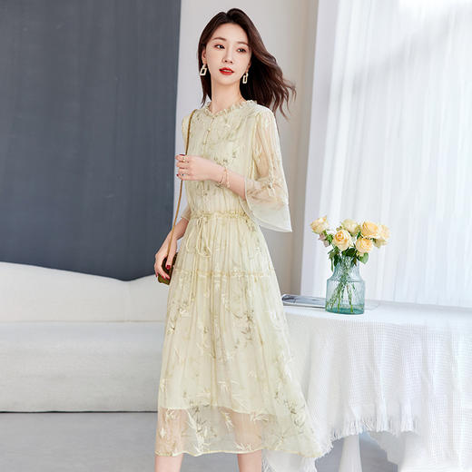 QS-82599502洛水云裳丝绸品牌桑蚕丝国风刺绣高端V领真丝连衣裙春夏9502 商品图1