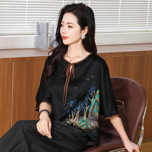 丁摩缎面香云纱小衫中老年女装时尚绣花洋气质复古妈妈新中式真丝上衣AL221823 商品图3