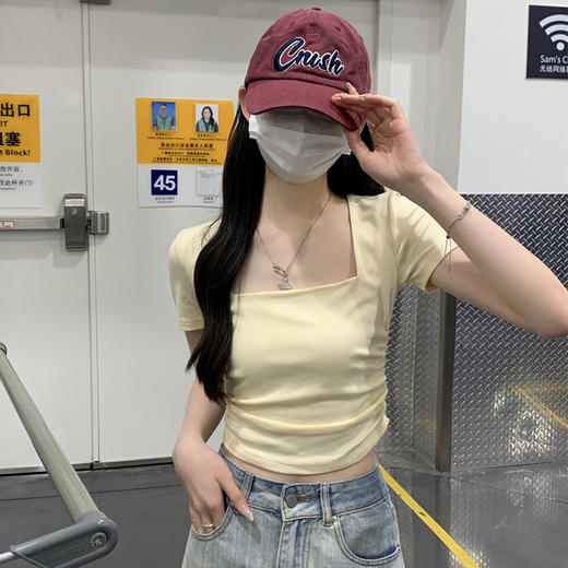西遇方领修身短款上衣女2025年新款辣妹褶皱收腰正肩短袖t恤SS150218 商品图3
