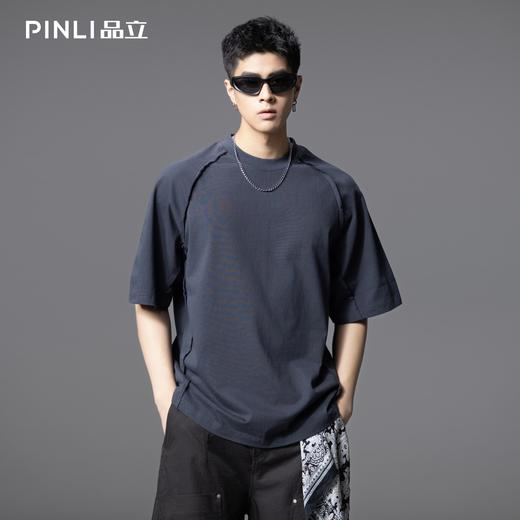 PINLI品立2025夏季新款重磅纯棉短袖T恤男士宽松拼接美式休闲体恤GD252111298 商品图5