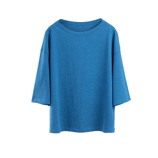 * 绽放旅行女装130朵/全棉花纱肌理叠穿简约一字领开衩透气中袖T恤 商品图3