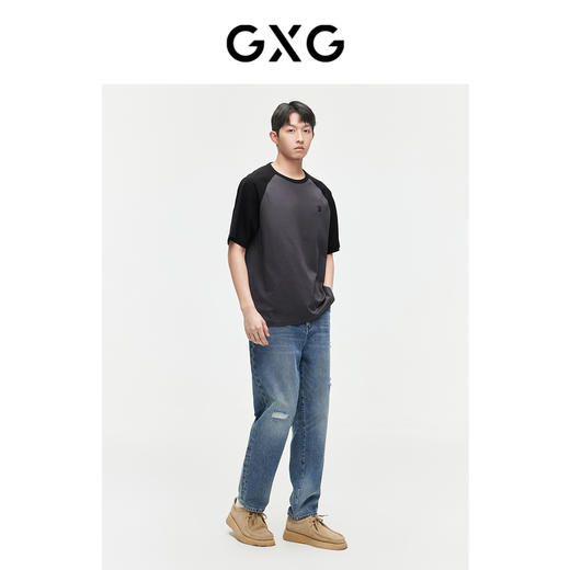 GXG男装 24夏季潮流学院风撞色拼接情侣宽松圆领短袖t恤男 商品图1