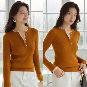 LP同款小剪刀领口精美纽扣小坑条显瘦超细羊毛衫