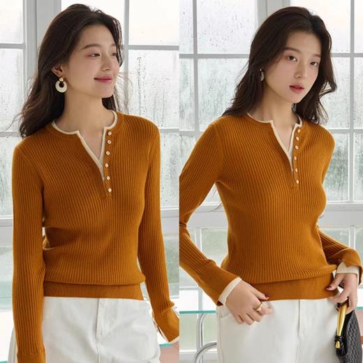 LP同款小剪刀领口精美纽扣小坑条显瘦超细羊毛衫 商品图0