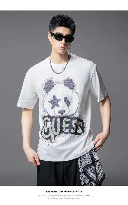 PINLI品立2025夏季新款男士圆领熊猫字母烫钻短袖T恤落肩潮牌上衣BG252111029 商品图5