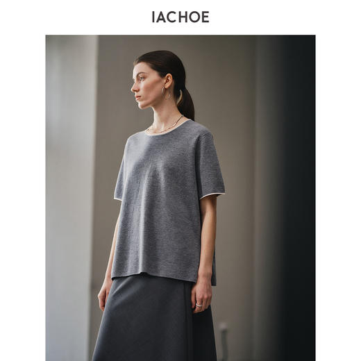 棉仓3621505008-IACHOE镶边圆领短袖毛衣 商品图4