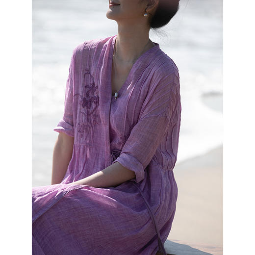 牧衣游原创 精工手绣打条苎麻风衣新款轻薄宽松清凉长外套 淡山 商品图3