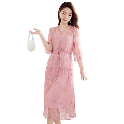 QS-82599580青珮织月丝绸国风绣花桑蚕丝连衣裙女V领中长裙女9580 商品图4