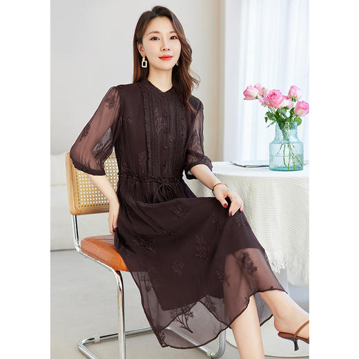 QS-82599098真丝顺宇重工绣花立领中长裙子调节腰显瘦气质桑蚕丝连衣裙女9098 商品图3