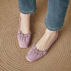 【预售5天】法式甜美花朵牛皮通勤平底鞋方头气质浅口低跟软面蛋卷鞋YS&YSD4180-1